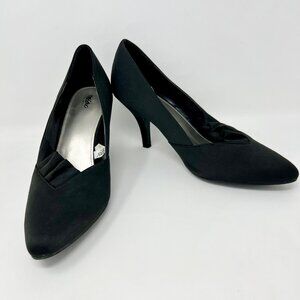 Black Satin Pointed Toe Pumps with Pleated Vamp